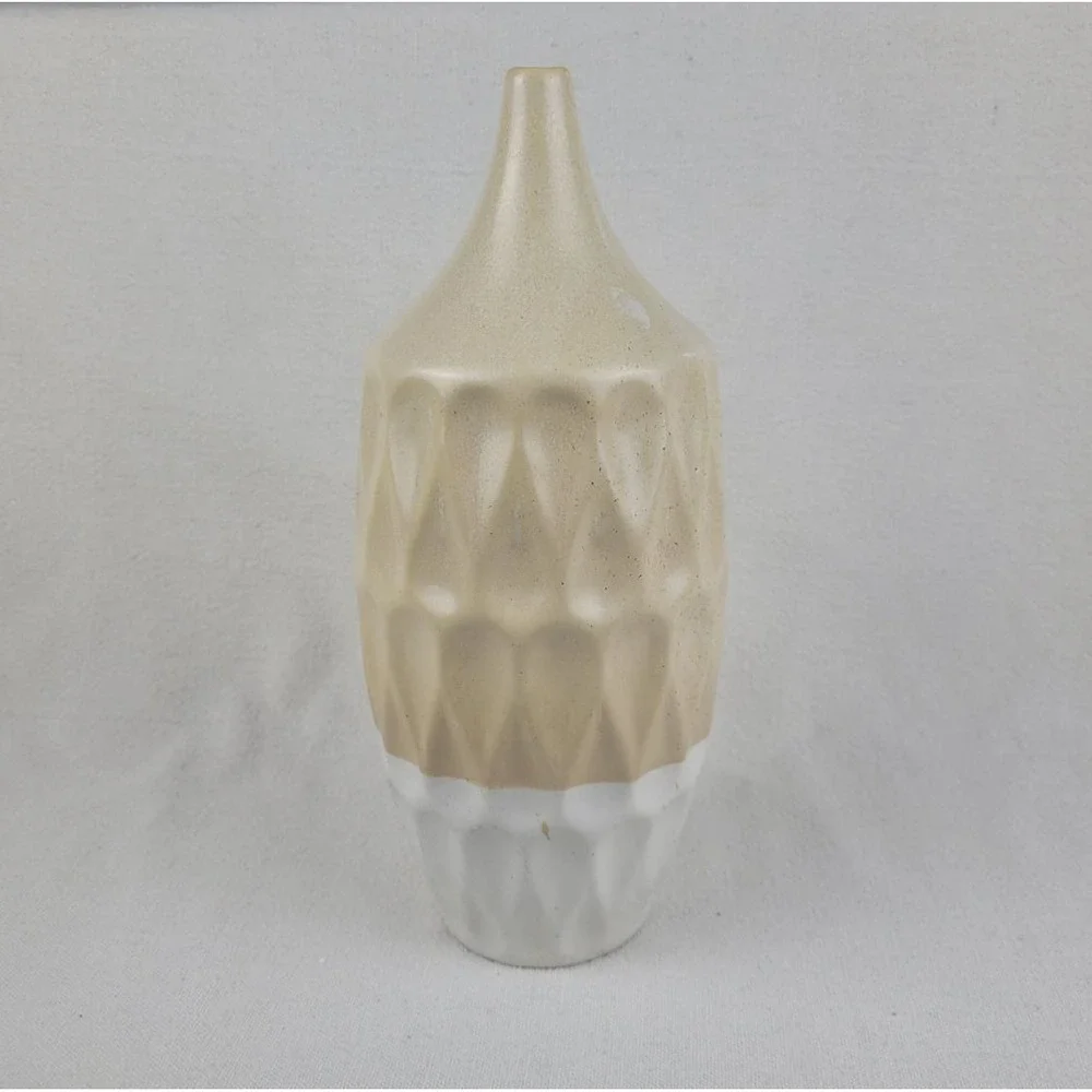 Modern Two Tone Geometric Ceramic Vase Textured Tan and White 11.25 Inch Decor‎